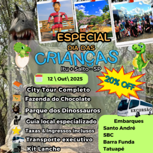🎁 Pacote Promo Easy — ITU + SALTO | PARQUE DOS DINOSSAUROS | FAZENDA DO CHOCOLATE + CITY TOUR COMPLETO